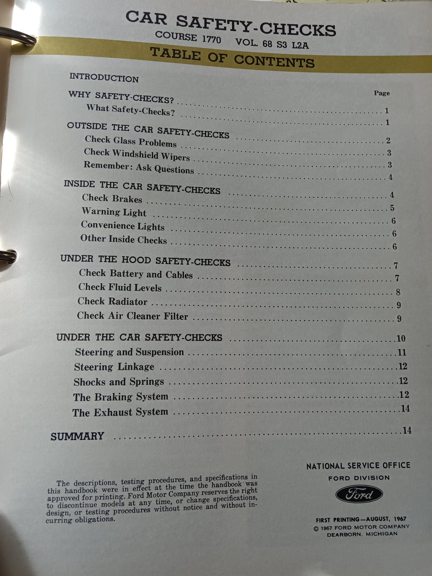 1968 Ford Car Safety Checks ready ref guide 1770