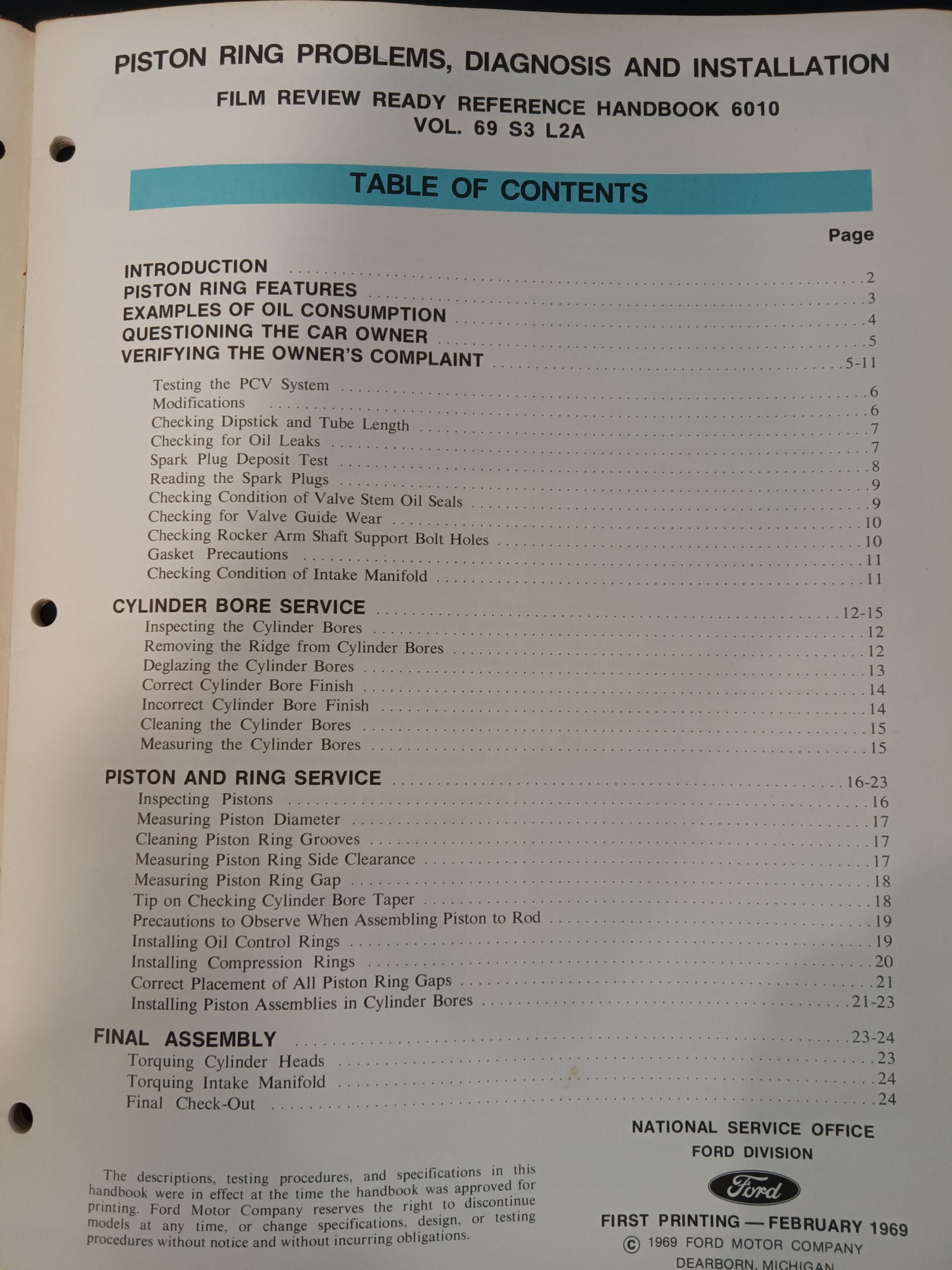 1969 Ford Piston Ring Problems Diagnosis and installation handbook 6010