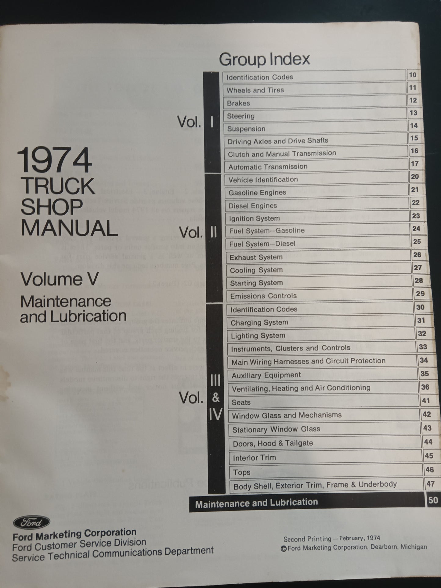 1974 Ford Truck Shop Manual volume 5. Pre delivery, maintenance, lubrication manual 2nd printing
